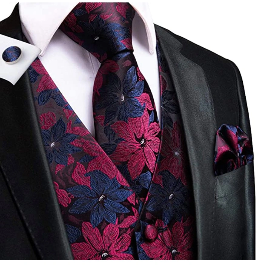 Blue Floral Power Suit Set: Vest Necktie Pocket Square Cufflinks! Wow Factor Style MJ-0022!