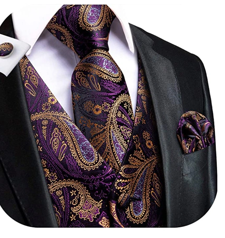 Purple Paisley Power Suit Upgraded: Vest, Tie, Pocket Square, and Cufflinks. Get Suave!